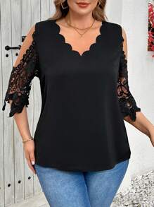 SHEIN Clasi 大码休闲/办公纯色蕾丝拼接露肩衬衫 - 黑色 - 查看 4