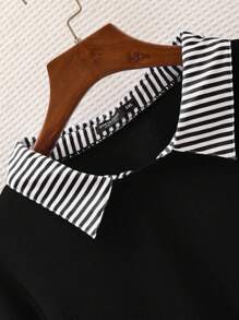 SHEIN EZwear 大码女式黑色拼布运动衫，日常休闲时尚 - 黑與白 - 查看 3