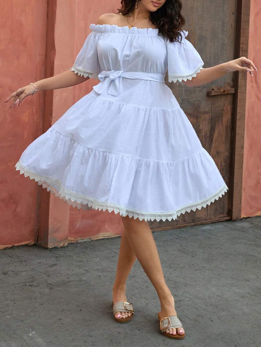 RueChic Plus Off Shoulder Dress With Lace Details - White - View 1