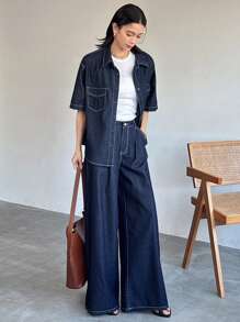 FRIFUL Conjunto de 2 piezas para mujer de pantalón largo y top de manga corta de mezclilla, de moda para el verano - Azul - Ver 3