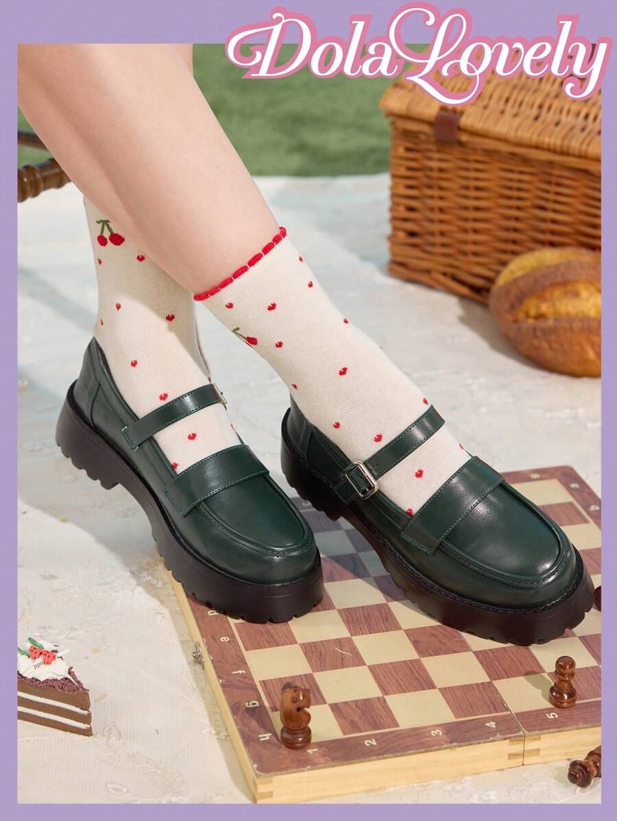 Dola Lovely Women's Brown Cute Simple Versatile Lolita Platform Thick Bottom Flats - Green - View 1