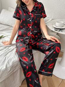 Red Lip Print Collar Pajama Set - Black - View 6