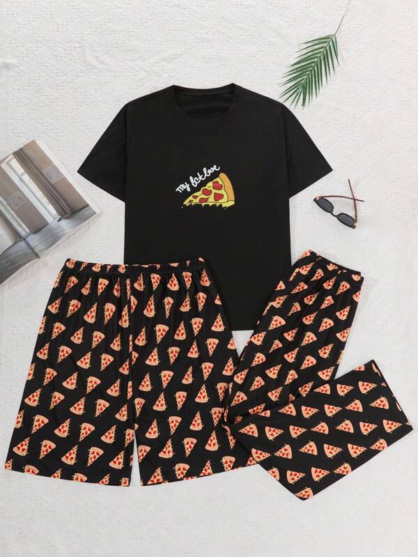 Happy Jammies 3 Pcs/Set Men Novelty Print Pajama Set (Short Sleeve Top, Long Pants, Shorts)