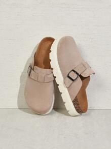 SHUZIA 畅销女式仿制鞋 舒适度极佳 带扣带 圆头 厚底 凸纹鞋底 绒面革 沙色木屐 - 杏色 - 查看 4