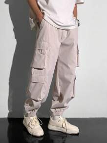 SHEIN Teen Boys 1pc Casual Hip Cool Style Loose Windbreaker Material Large Patch Pockets Street Retro College Style Cargo Pants