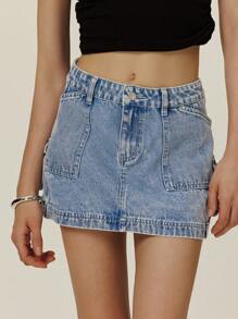 Poéselle Women's Casual Washed Denim Cargo Skirt