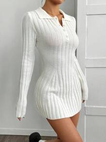 SHEIN EZwear Vestido de punto de línea A con cuello de polo y manga larga, de color liso y casual para mujer