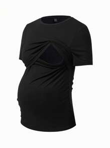 Modmama Pregnant Women Versatile Solid Color Short Sleeve Nursing T-Shirt, Short Sleeve Top - Khaki - View 14