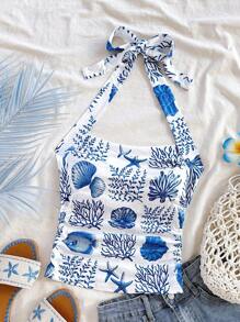 Soleia 女士度假挂脖式编织白色海景印花褶饰吊带背心 - 藍白色 - 查看 6