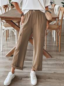 Chiquease 女士休闲亚麻喇叭裤，春夏 - 卡其色 - 查看 6