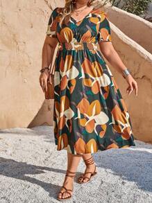 EMERY ROSE 女士休闲 V 领印花短袖松紧腰长裙，大码夏季