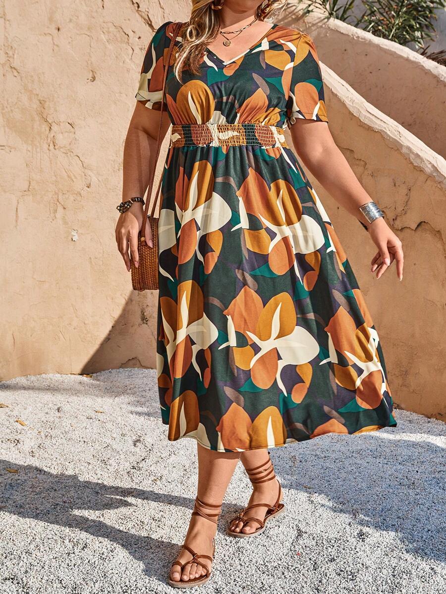 EMERY ROSE 女士休闲 V 领印花短袖松紧腰长裙，大码夏季