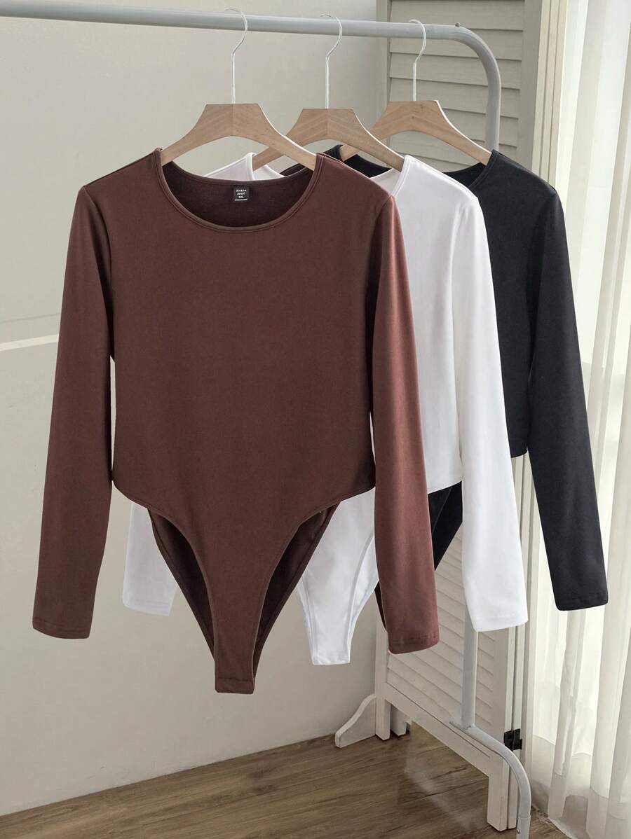 SHEIN EZwear Bộ 3 món/Bộ đồ liền thân cổ tròn màu trơn đơn giản cỡ lớn, mùa thu/đông - Nhiều màu - Xem 1