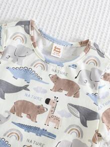 Cozy Pixies Baby Boy 2pcs Set Cartoon Animal Print Knitted Soft Round Neck Short Sleeve Pullover Top And Elastic Waist Shorts