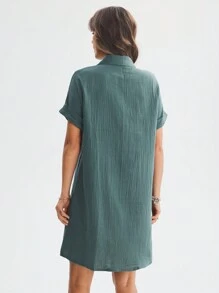 SHEIN LUNE Váy sơ mi tay cánh dơi màu trơn mùa hè dành cho nữ - Màu xanh lá cây đậm - Xem 3