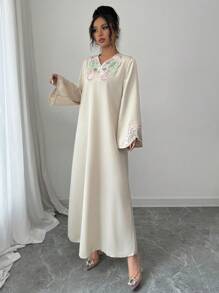 Yasmyna 女士宽松阿拉伯风格编织蝴蝶印花中长连衣裙，杏色蝴蝶长袍，端庄 - 杏色 - 查看 5