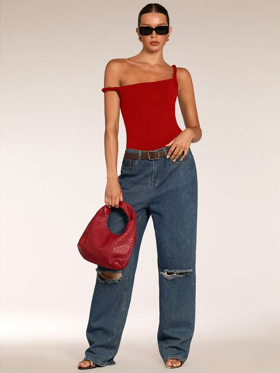 SHEIN BAE Women's Summer Solid Black Asymmetric Neckline Twist Bodysuit/ Fashionable Casual Fitted Sleeveless Bodysuit