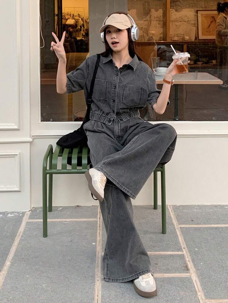 Women's Fashionable Washed Denim 2 Pieces Set, Jacket With Short Sleeve Top & High Waist Flared Jeans Pants, Spring Fall,Winter