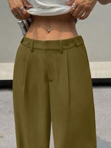 SHEIN EZwear Quần ống rộng cạp trễ màu trơn đơn giản dành cho nữ - xanh quân đội - Xem 6