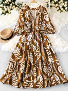 SHEIN LUNE 大码修身复古 V 领 3/4 喇叭袖系腰法式中长印花连衣裙 - 彩色 - 查看 6