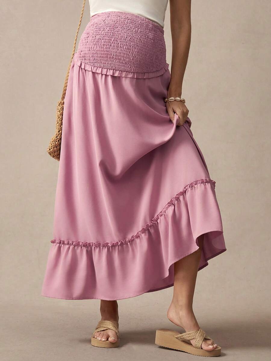 SHEIN Frill Trim A-Line Flared Maternity Skirt, Pink Skirt - Pink - View 1