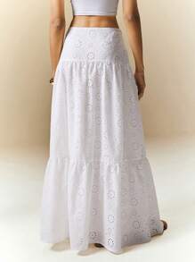Poéselle 法式镂空钩花裙，白色长裙，弹力高腰长塔裙，波西米亚风女装，太阳裙，碎花裙，沙滩装，春假服装 - 白色 - 查看 2