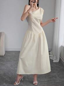 Modelyn Women's Elegant Solid Color Asymmetric Neck Long Dress - Apricot - View 7