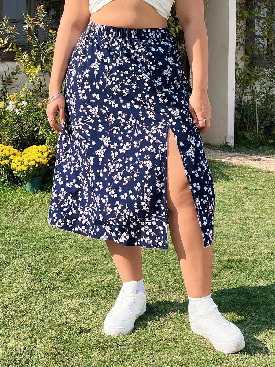 SHEIN EZwear Plus Size Women Ditsy Floral Side Split Hem Skirt,Spring Summer Clothes