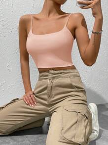 Muchica Summer Casual Versatile Solid Crop Cami Top - Coral Pink - View 4