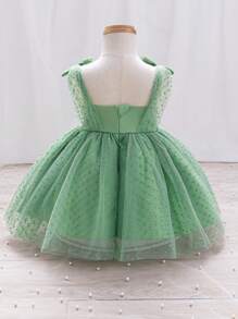 SHEIN 女婴植绒网眼薄纱派对礼服，节日/派对/洗礼休闲可爱连衣裙，适合拍摄，秋冬季 - 綠色 - 查看 2