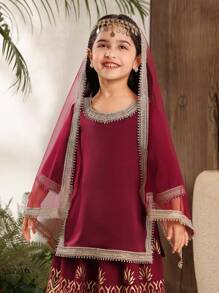 2pcs Young Girl Solid Color Patchwork Round Neck Long Sleeve Top And Skirt Set - Multicolor - View 6