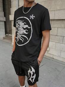 PAVTROS Men's Graphic Print Short Sleeve T-Shirt And Shorts Set, Making It An Excellent Gift Idea For Boyfriends Or Husbands. Men Clothes Men T Shirt Co Ords Graphic Tees For Men,Men's Young Street Style, INS Versatile Best-Selling  T-Shirt Set , The Personalized Patterns On The Chest And Shorts Are Full Of Fashion Sense. The Overall Style Is Avant-Garde And Bold, Showing A Unique Street Fashion Atmosphere, Suitable For Outdoor Sports And Leisure Occasions. - Black - View 4