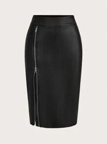 Zolique 女士时尚 PU 皮革侧拉链 A 字裙 - 黑色 - 查看 1