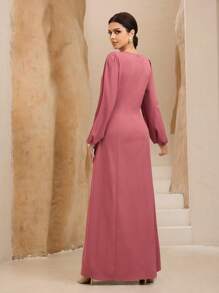 Graceveil 女士洋红色圆领长袖弹性袖口前系腰连衣裙 - 紅色 - 查看 2