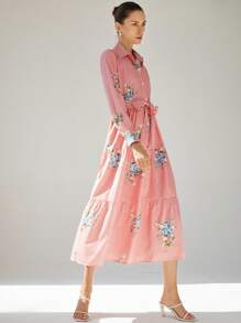 Aveloria Modichic Women Floral & Striped Print Ruffled Hem Long Sleeve Dress - Red - View 5