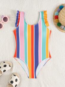 SHEIN Tween Girl Fitted Casual Minimalist Comfortable Round Neck Cap Sleeve Striped One-Piece Swimsuit - Multicolor - View 1