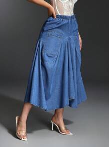 SHEIN BAE Women's Elastic Waist Long Casual Denim A-Line Skirt - Blue - View 3