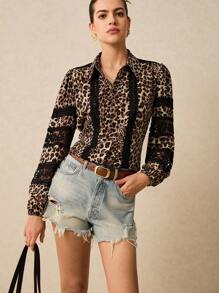 Poéselle Women's Leopard Print Contrast Lace Loose Long Sleeve Shirt, Fall/Winter, BOHO Cottagecore Heavy Duty, FW25 Boho - Multicolor - View 4
