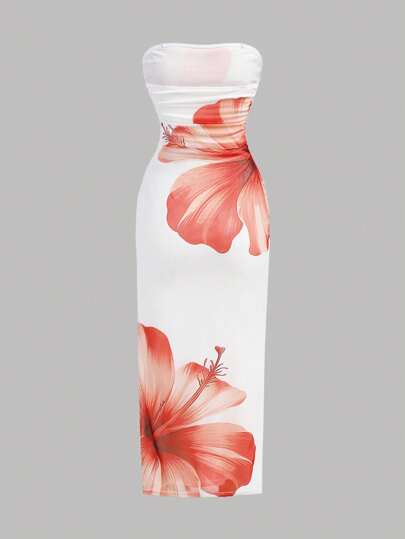 SHEIN Girlism Vestido ajustado sin tirantes con estampado, adecuado para verano, graduación, vuelta al colegio, vacaciones, festival, almuerzo, festival de música