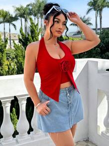 SHEIN EZwear 大码春季情人节浪漫红玫瑰花朵细肩带吊带背心上衣 - 紅色 - 查看 6