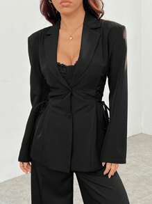 SHEIN PETITE Long Sleeve Side Tie Adjustable Suit Jacket In Fall/Winter - Black - View 6