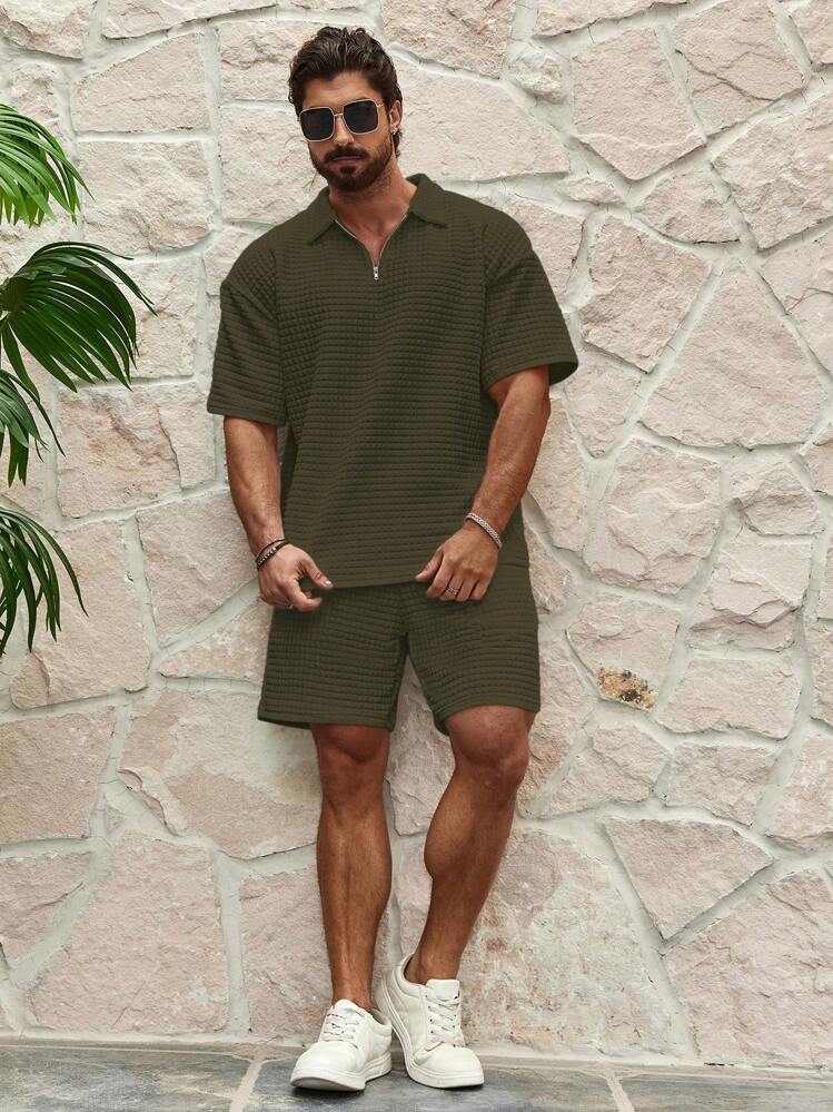 VIVINTIMO Men's Solid Color Textured Short Sleeve Polo Shirt And Shorts 2 Pieces Set, Cozy Outfits - Dark Green - View 5