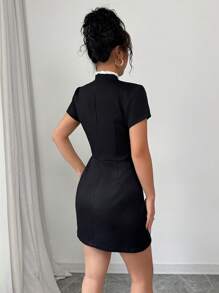 Selianne Women's Short Sleeve Elegant Ribbon Splice Fitted Stand Collar Dress - Black - View 2