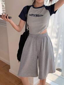 DAZY Pantalones cortos de mujer con cintura de cordón, versátiles, casuales y sueltos - Gris - Ver 4