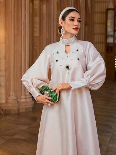 Al Najma Vestido maxi con decoración de strass, estilo tradicional turco y árabe, caftán y jaLabiya, vestidos de noche de lujo para mujeres, modesto