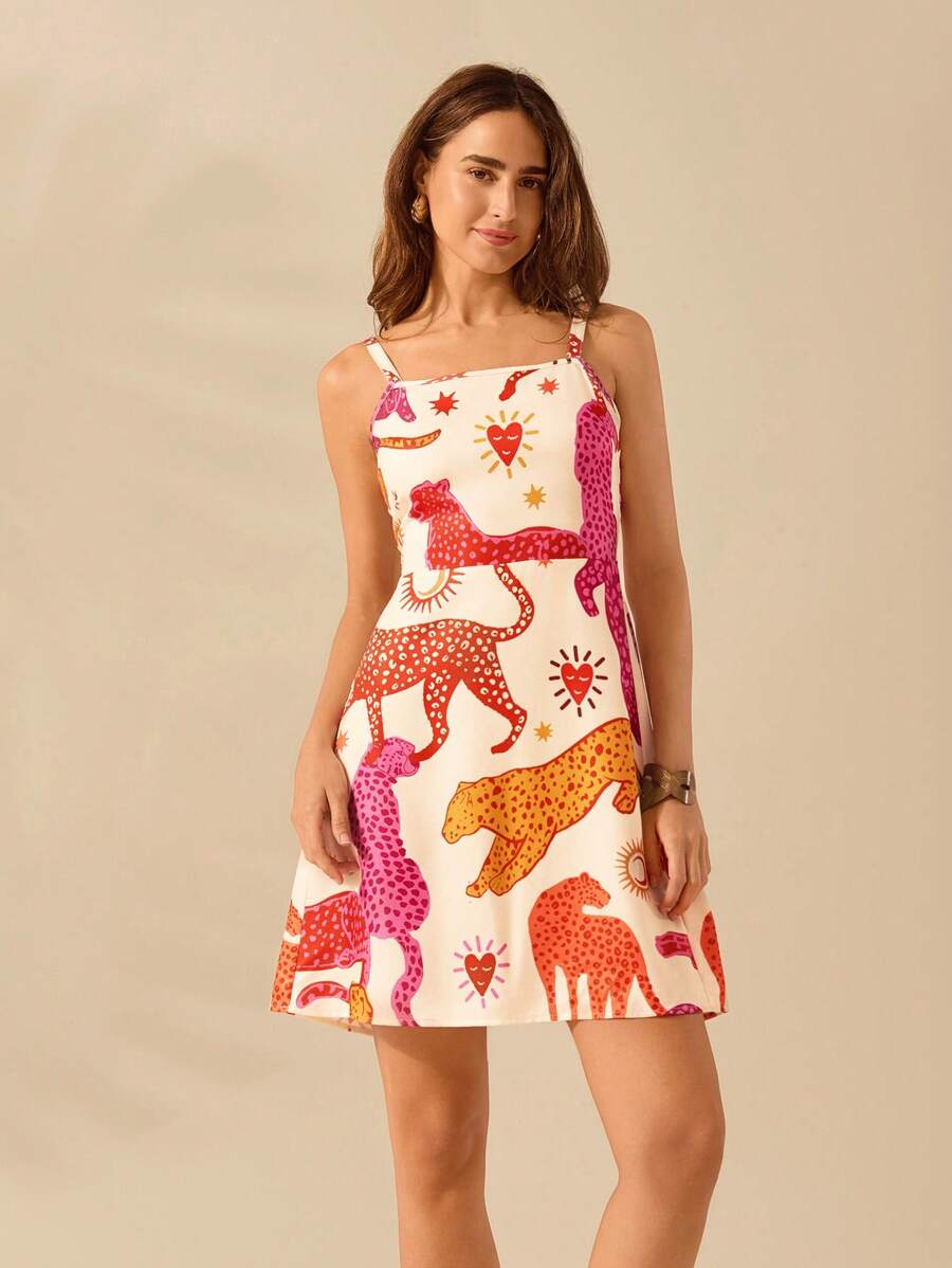 CAJUNI 女式休闲夏季波西米亚风热带对比动物印花吊带迷你连衣裙