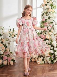 SHEIN Tween Girls Organza Printed Bow Decor Round Neck Backless Design Dress - Multicolor - View 4