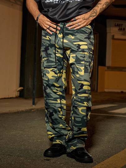 Manfinity Homme Men's Camouflage Print Cargo Pants With Drawstring Waist Camo Pants Men Baggy