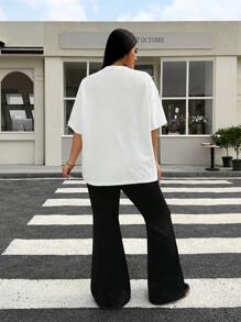 SHEIN EZwear 2pcs/Set Women Plus Size White Round Neck T-Shirt And Letter Print Pants Set,Spring Summer Clothes - Black - View 2