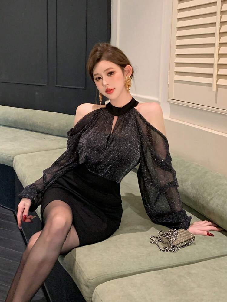 Women's Shiny Off-Shoulder Long Sleeve Ruched Fashion Dress